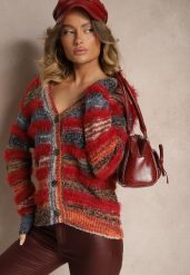 Pomarańczowo-Granatowy Rozpinany Kardigan z Wiskozą i Wełną w Paski Esamara. Brązowe kardigany damskie Renee, bez wzorów, z jeansu, eleganckie, bez kołnierzyka. Za 59.99 zł.