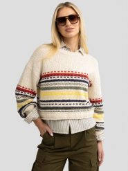 Sweter damski bawełniany w kolorowe paski kremowy Mixta 000. Białe swetry nierozpinane damskie BIG STAR, l, bez wzorów, z bawełny, retro, bez kołnierzyka, bez ramiączek. W wyprzedaży za 99.99 zł.