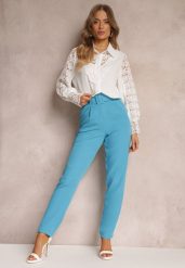Niebieskie Spodnie Garniturowe High Waist z Paskiem Wenus. Niebieskie spodnie materiałowe damskie Renee, bez wzorów, z jeansu, biznesowe, z podwyższonym stanem. Za 89.99 zł.