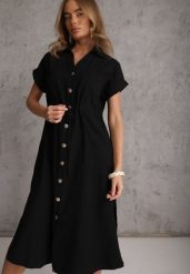 Czarna Koszulowa Sukienka z Wiskozą i Bawełną Ściągana w Talii Corralure. Czarne sukienki damskie Renee, na co dzień, na wiosnę, l, bez wzorów, z bawełny, casualowe, bez kołnierzyka, bez ramiączek, midi, koszulowe. Za 159.99 zł.