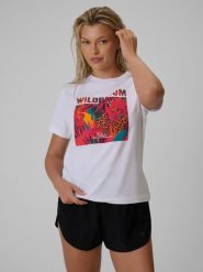 4F T-shirt regular z nadrukiem damski - biały XL. Białe koszulki sportowe damskie 4F, s, bez wzorów, z bawełny, bez ramiączek. Za 69.99 zł.