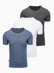 Zestaw bawełnianych koszulek męskich BASIC z okrągłym dekoltem – biały/grafitowy/niebieski denim V8 - Rozmiar: S. Szare t-shirty męskie Ombre Clothing, m, bez wzorów, z bawełny, bez kołnierzyka, bez ramiączek. W wyprzedaży za 97.99 zł.