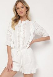 Biały Kombinezon z Lnu i Wiskozy w Stylu Boho z Falbankami i Koronką Linalisse. Białe sukienki damskie Born2be, na co dzień, m, bez wzorów, z koronki, boho, bez kołnierzyka, bez ramiączek. Za 159.99 zł.