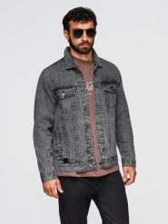 Jeansowa męska kurtka katana z washem – grafitowa V5 - Rozmiar: XXL. Szare kurtki męskie Ombre Clothing, m, bez wzorów, z bawełny, casualowe, bez kaptura. Za 339.99 zł.