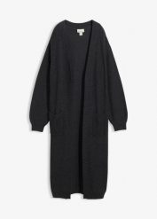 Długi kardigan z obniżoną linią ramion. Szare kardigany damskie bonprix, bez wzorów, bez kołnierzyka. Za 129.99 zł.