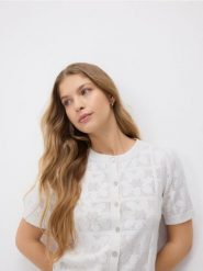 Ażurowy kardigan - złamana biel. Kardigany damskie Reserved, l, w ażurowe wzory, z bawełny, bez kołnierzyka. Za 99.99 zł.