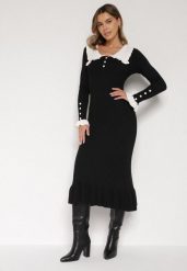 Czarna Dzianinowa Sukienka Retro z Wiskozą z Kołnierzykiem i Falbanami Hanlira. Czarne sukienki damskie Born2be, na co dzień, m, bez wzorów, z dzianiny, eleganckie, bez kołnierzyka, bez ramiączek, dopasowane. Za 139.99 zł.