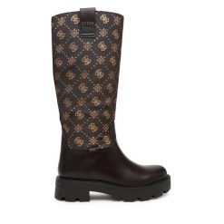 Kozaki Guess. Brązowe kozaki damskie Guess, z aplikacjami, bez obcasa, na płaskiej podeszwie, bez zapięcia. Za 749.99 zł.