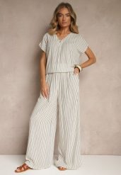 Biało-Niebieskie Szerokie Spodnie High Waist w Paski z Bawełny Silorea. Białe spodnie materiałowe damskie Renee, bez wzorów, z bawełny, eleganckie, z podwyższonym stanem. Za 69.99 zł.