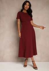 Bordowa Sukienka o Rozkloszowanym Kroju z Ozdobnym Paskiem Desiliena. Czerwone sukienki damskie Renee, na spotkanie biznesowe, m, bez wzorów, z denimu, eleganckie, bez kołnierzyka, bez ramiączek, maxi, kopertowe. Za 89.99 zł.