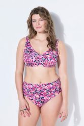 Damskie Góra od bikini miękkie miseczki kwiaty. Dekolt w serek. Niebieskie stroje kąpielowe damskie Ulla Popken, plus size, bez wzorów, z elastanu. Za 139.99 zł.