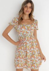 Beżowo-Pomarańczowa Sukienka Konmey. Brązowe sukienki damskie Born2be, na lato, l, bez wzorów, retro, bez kołnierzyka, bez ramiączek, mini. Za 84.99 zł.