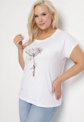 Biały Bawełniany T-shirt z Kwiatowym Wzorem i Cyrkoniami Rohna. Białe t-shirty damskie Born2be, uniwersalny, z aplikacjami, z bawełny, klasyczne, bez kołnierzyka, bez ramiączek. Za 34.99 zł.