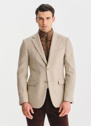 PAKO LORENTE - Beżowa marynarka męska z odpinaną stójką. Brązowe garnitury męskie Pako Lorente, m, bez wzorów, z poliesteru, casualowe, bez kołnierzyka, bez ramiączek. Za 999.99 zł.