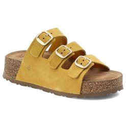 Klapki damskie Yokono, cholewka ze skóry naturalnej zamszowej z trzema szerokimi paskami, żółte, Wiwi-263 Ser Mostaza. Żółte klapki damskie Yokono, bez wzorów, ze skóry, bez obcasa, bez zapięcia. Za 249.00 zł.