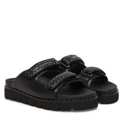 Klapki KARL LAGERFELD. Czarne klapki damskie KARL LAGERFELD, bez wzorów, bez obcasa, bez zapięcia. Za 716.99 zł.