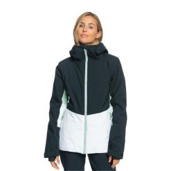 Kurtka snowboardowa damska ROXY Peakside. Czarne kurtki sportowe damskie Roxy, na zimę, m, bez wzorów, bez ramiączek, bez kaptura, narciarskie. Za 579.99 zł.