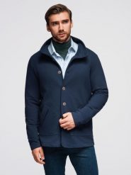 Bluza męska zapinana na guziki ze stójką – granatowa V4 - Rozmiar: S. Niebieskie bluzy męskie Ombre Clothing, m, bez wzorów, z bawełny, eleganckie, bez ramiączek, bez kaptura. Za 209.99 zł.