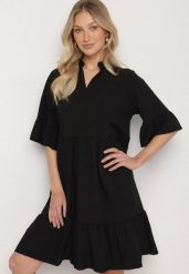 Czarna Sukienka Rozkloszowana z Wiskozą Ozdobiona Falbanami Eviriane. Czarne sukienki damskie Born2be, na co dzień, bez wzorów, z wiskozy, bez kołnierzyka, bez ramiączek, midi, proste. Za 64.99 zł.