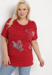 Bordowy T-shirt Ozdobiony Cyrkoniami i Nadrukiem Wallilena. Czerwone t-shirty damskie Born2be, xl, bez wzorów, bez kołnierzyka, bez ramiączek. Za 39.99 zł.