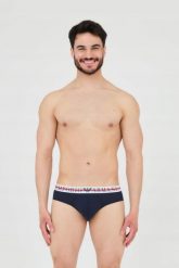 EMPORIO ARMANI Slipy granatowe 3-pack. Niebieskie slipki męskie Emporio Armani, m, bez wzorów, z bawełny. W wyprzedaży za 205.99 zł.