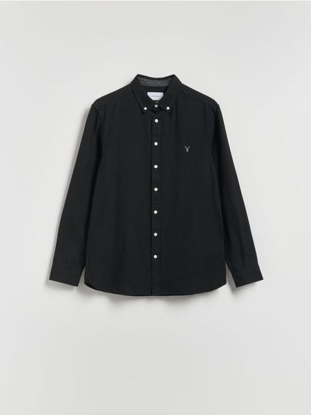 Bawełniana koszula slim fit - czarny. Czarne koszule męskie Reserved, l, bez wzorów, z bawełny, bez kołnierzyka, bez ramiączek. Za 129.99 zł.