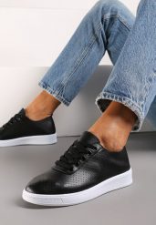 Czarne Sznurowane Tenisówki przed Kostkę Ozdobione Perforacją Hlero. Czarne trampki i tenisówki damskie Renee, bez wzorów, przed kostkę, bez zapięcia. Za 49.99 zł.