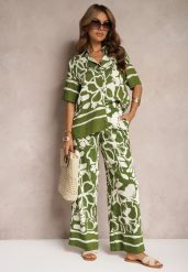 Zielono-Beżowy Letni Komplet Luźna Koszula z Krótkim Rękawem Szerokie Spodnie z Gumką w Talii Vikiimina. Zielone koszule damskie Renee, l, bez wzorów, z wiskozy, eleganckie, bez kołnierzyka, bez ramiączek. Za 139.99 zł.