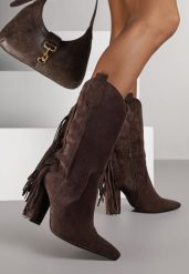 Brązowe Botki Kowbojki na Słupku Ozdobione Frędzlami Reikka. Brązowe botki damskie Renee, bez wzorów, z jeansu, bez obcasa, na obcasie, bez zapięcia. Za 109.99 zł.