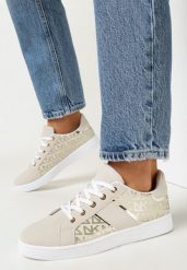 Beżowo-Złote Sneakersy z Nadrukiem Mindi. Brązowe obuwie sportowe damskie Born2be, bez wzorów, bez zapięcia. Za 79.99 zł.