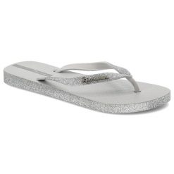 Szare Japonki Ipanema Brokatowe Klapki Damskie. Szare klapki damskie Ipanema, na lato, bez wzorów, z materiału, eleganckie, bez obcasa, bez zapięcia. Za 109.00 zł.