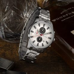 Zegarek męski na bransolecie duży solidny chronograf datownik srebrny Beltimore BT04. Szare zegarki męskie bez wzorów, srebrne. Za 149.99 zł.