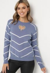 Niebieski Sweter z Wiskozą w Geometryczny Wzór z Wycięciem w Kształcie Serca z Cyrkoniami Temilime. Niebieskie swetry nierozpinane damskie Born2be, m, bez wzorów, z jeansu, biznesowe, bez kołnierzyka, bez ramiączek. Za 89.99 zł.