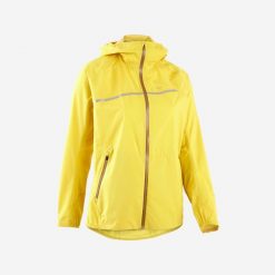 Kurtka do biegania w terenie przeciwdeszczowa damska Kiprun Run 500 Rain. Żółte kurtki sportowe damskie KIPRUN, m, bez wzorów, z materiału, bez ramiączek, bez kaptura, do biegania. W wyprzedaży za 199.99 zł.