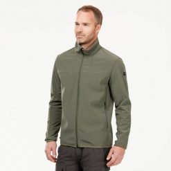 Kurtka Softshell trekkingowa męska Forclaz MT100. Szare kurtki męskie FORCLAZ, l, bez wzorów, z polaru, bez kaptura, trekkingowe. Za 199.99 zł.