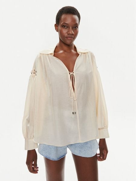Pinko Bluzka Elf 103744 A1XU Beżowy Relaxed Fit. Brązowe bluzki damskie Pinko, m, bez wzorów, z bawełny, bez kołnierzyka, bez ramiączek. Za 569.99 zł.