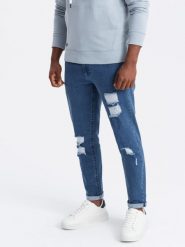 Washowane spodnie męskie jeansowe TAPERED FIT z przetarciami niebieskie V2 OM-PADP-0163 XL. Niebieskie spodnie sportowe męskie Ombre, m, bez wzorów, z jeansu. Za 287.44 zł.
