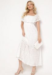 Biała Sukienka Hiszpanka z Gumką w Pasie Ozdobiona Falbanką Lievana. Białe sukienki damskie Born2be, l, bez wzorów, z jeansu, eleganckie, bez kołnierzyka, bez ramiączek, maxi. Za 99.99 zł.