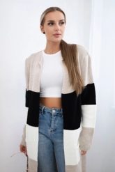 Sweter Kardigan w pasy cappuccino+czarny. Czarne kardigany damskie KESI, l, bez wzorów, z wełny, bez kołnierzyka, plus size. Za 178.78 zł.