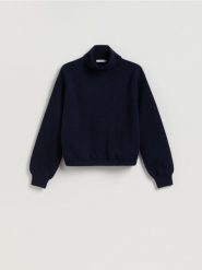 Sweter z golfem - granatowy. Niebieskie swetry nierozpinane damskie Reserved, l, bez wzorów, z dzianiny, bez kołnierzyka, bez ramiączek. Za 129.99 zł.
