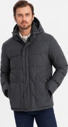 Casualowa męska kurtka puffer z wełną czarny melanż V2 OM-JAHP-0203 XXL. Czarne kurtki męskie Ombre, m, bez wzorów, z wełny, bez kaptura. Za 906.23 zł.