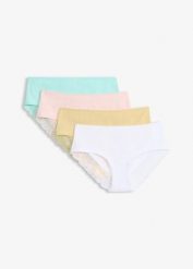 Figi panty z miękkiej bawełny z koronkową lamówką (4 pary). Żółte majtki damskie bonprix, z bawełny. Za 45.96 zł.