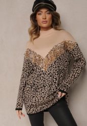 Beżowy Sweter z Wiskozą w Panterkę z Ozdobnymi Cekinami Firimi. Brązowe swetry nierozpinane damskie Renee, z aplikacjami, z wiskozy, casualowe, bez kołnierzyka, bez ramiączek. Za 149.99 zł.