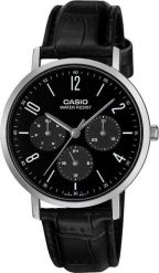 Zegarek Casio Męski czarna tarcza skórzany pasek 37 mm (MTP-VT06L-1BDF). Czarne zegarki męskie Casio, bez wzorów. Za 230.99 zł.