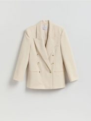 Dwurzędowa marynarka oversize - beżowy. Brązowe marynarki i żakiety damskie Reserved, bez wzorów, z tkaniny, bez kołnierzyka, bez ramiączek. Za 279.99 zł.