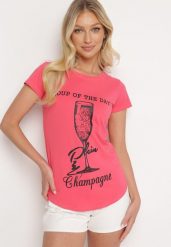 Różowy Klasyczny T-shirt z Bawełny Ozdobiony Nadrukiem Getantia. Czerwone t-shirty damskie Born2be, l, bez wzorów, z bawełny, klasyczne, bez kołnierzyka, bez ramiączek. Za 34.99 zł.