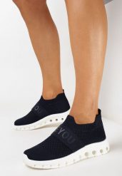 Granatowe Buty Sportowe ze Skarpetkową Cholewką i Napisem Thirllas. Niebieskie obuwie sportowe damskie Born2be, bez wzorów, bez zapięcia. Za 54.99 zł.