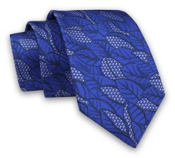 Granatowo-Niebieski Elegancki Męski Krawat -ALTIES- 7cm, Stylowy, Klasyczny, w Listki, Liście. Niebieskie krawaty i muchy Alties, bez wzorów, z tkaniny, eleganckie. Za 49.00 zł.