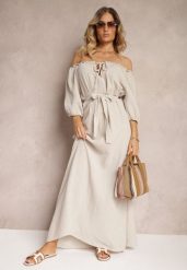 Jasnobeżowa Bawełniana Sukienka z Muślinu Wiązana przy Dekolcie z Paskiem i Gumką w Talii Tasda. Brązowe sukienki damskie Renee, na co dzień, bez wzorów, z bawełny, bez kołnierzyka, bez ramiączek, maxi, proste. Za 159.99 zł.