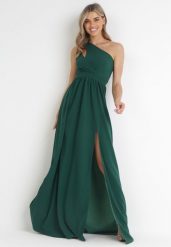 Zielona Sukienka Maxi Na Jedno Ramię z Rozcięciem na Dole Jasminta. Zielone sukienki damskie Born2be, na imprezę, s, bez wzorów, eleganckie, z asymetrycznym kołnierzem, bez ramiączek, maxi, asymetryczne. Za 159.99 zł.